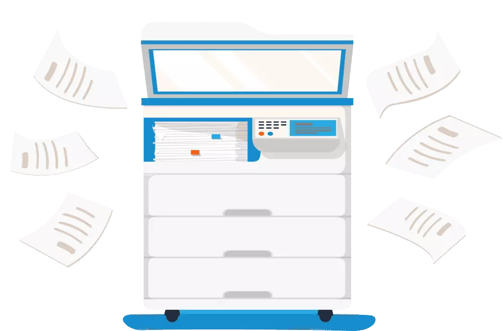 Animated graphic that shows a multi-function scanner and bank documents
