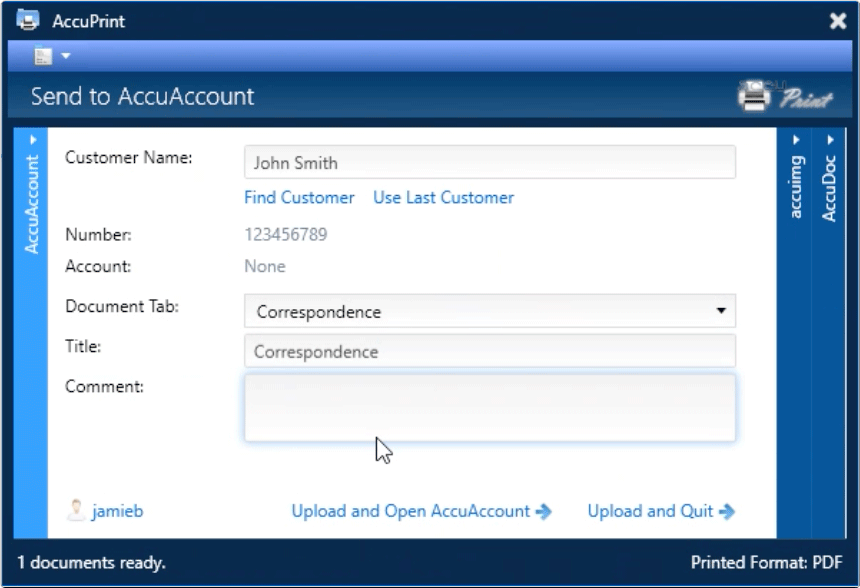 AccuPrint window showing the "Send to AccuAccount" feature